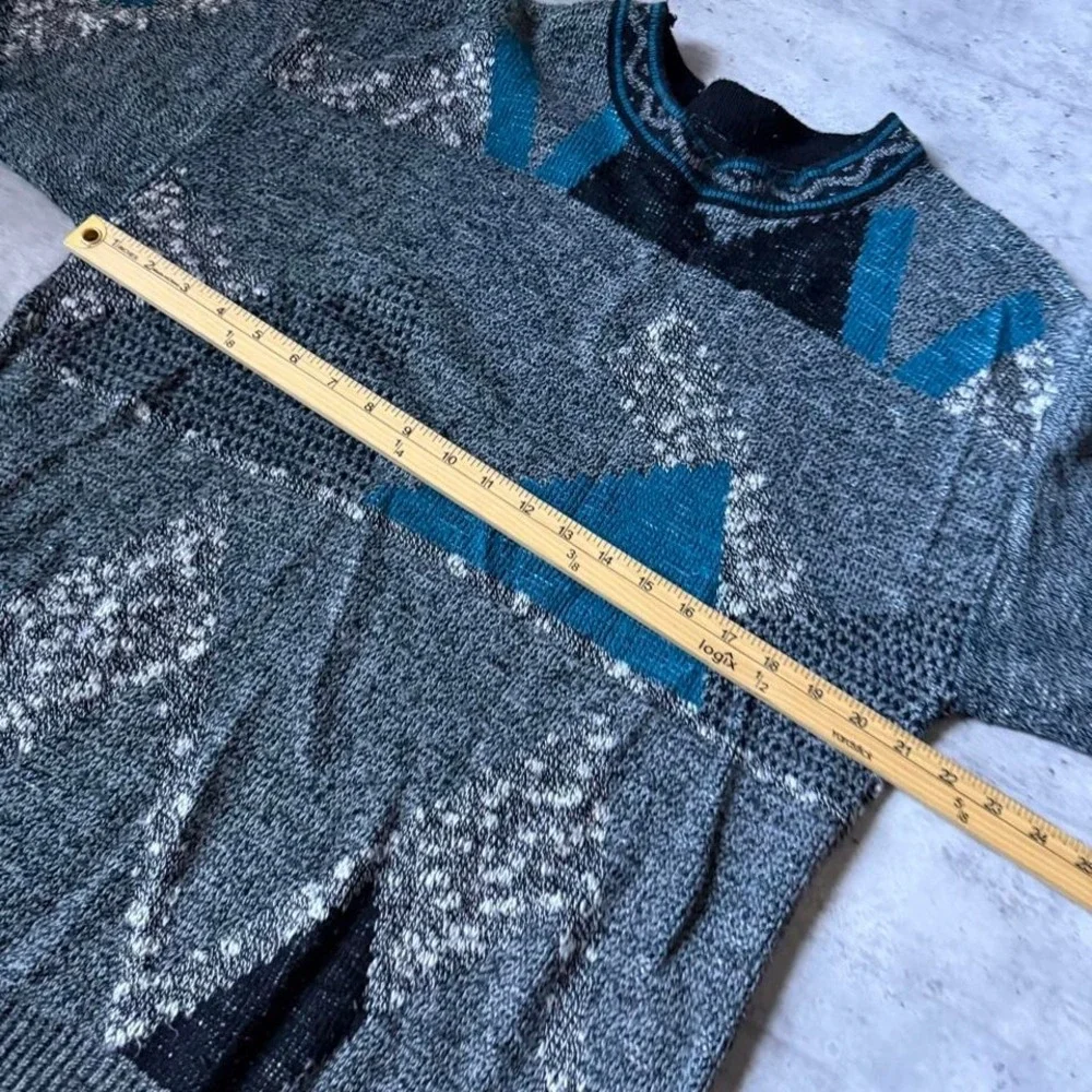 90s XSTATX blue and gray geometric knit surf stussy type sweater